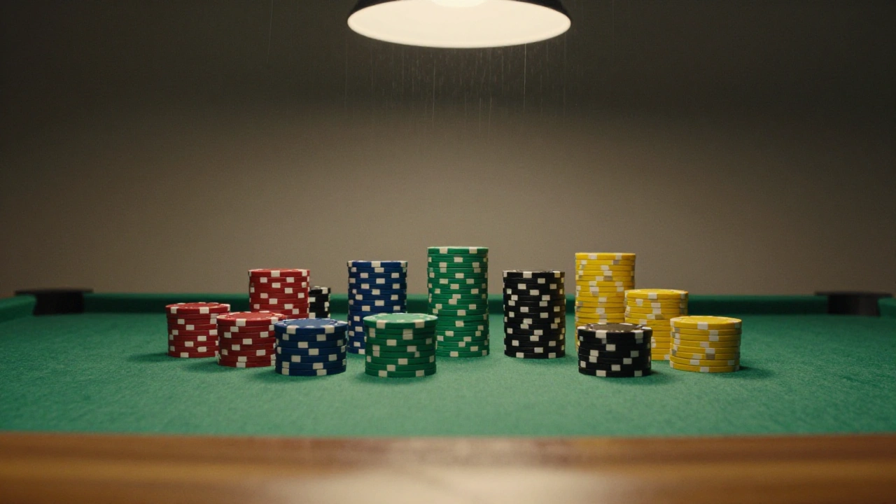 Stacks of plain coloured casino chips arranged on green felt representing a varied games library
