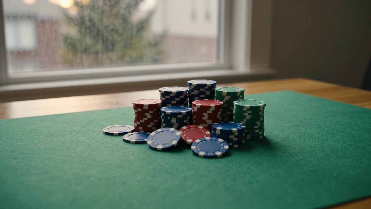 Colourful casino chips stacked on a table in a Vancouver apartment, symbolising game variety