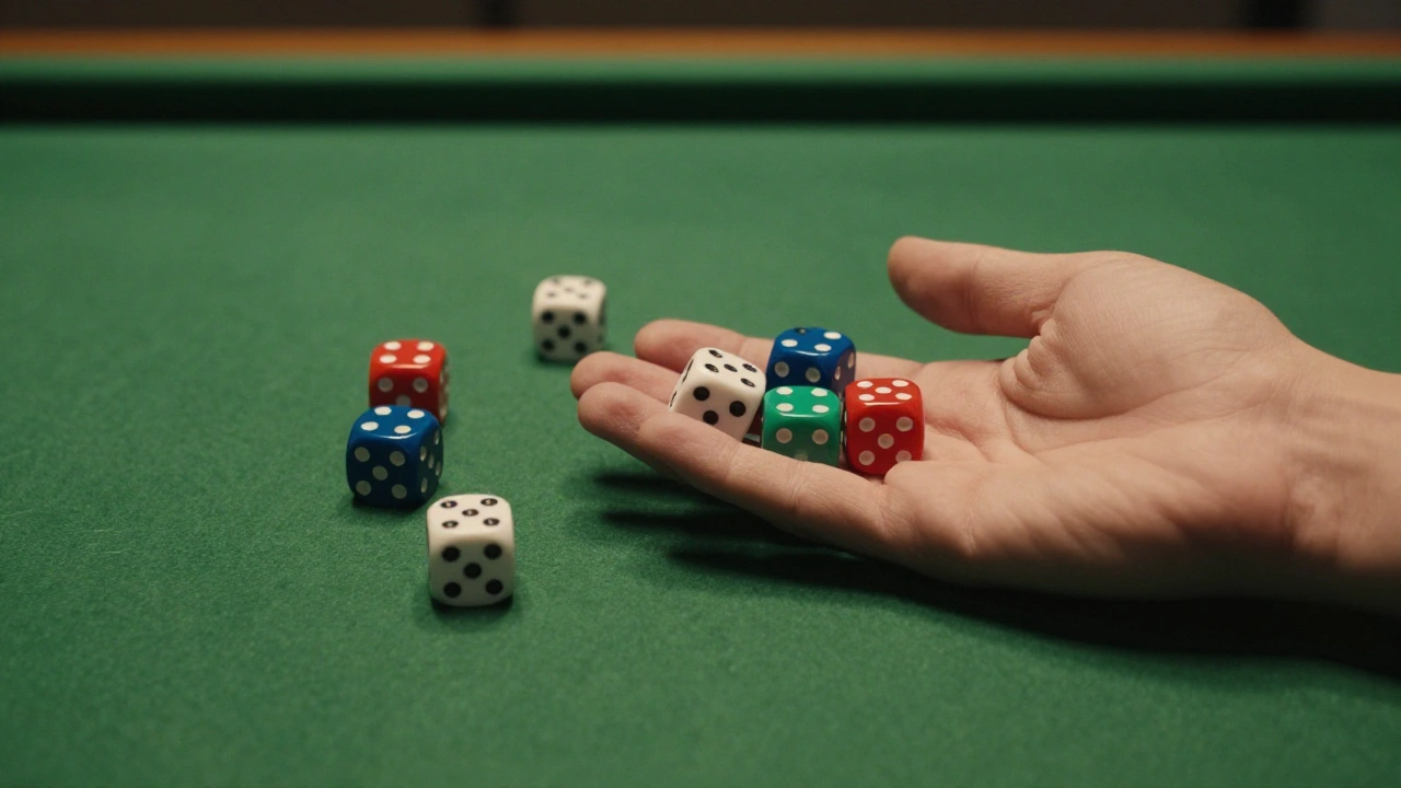 Dice in various colours on green felt representing the variety of casino games