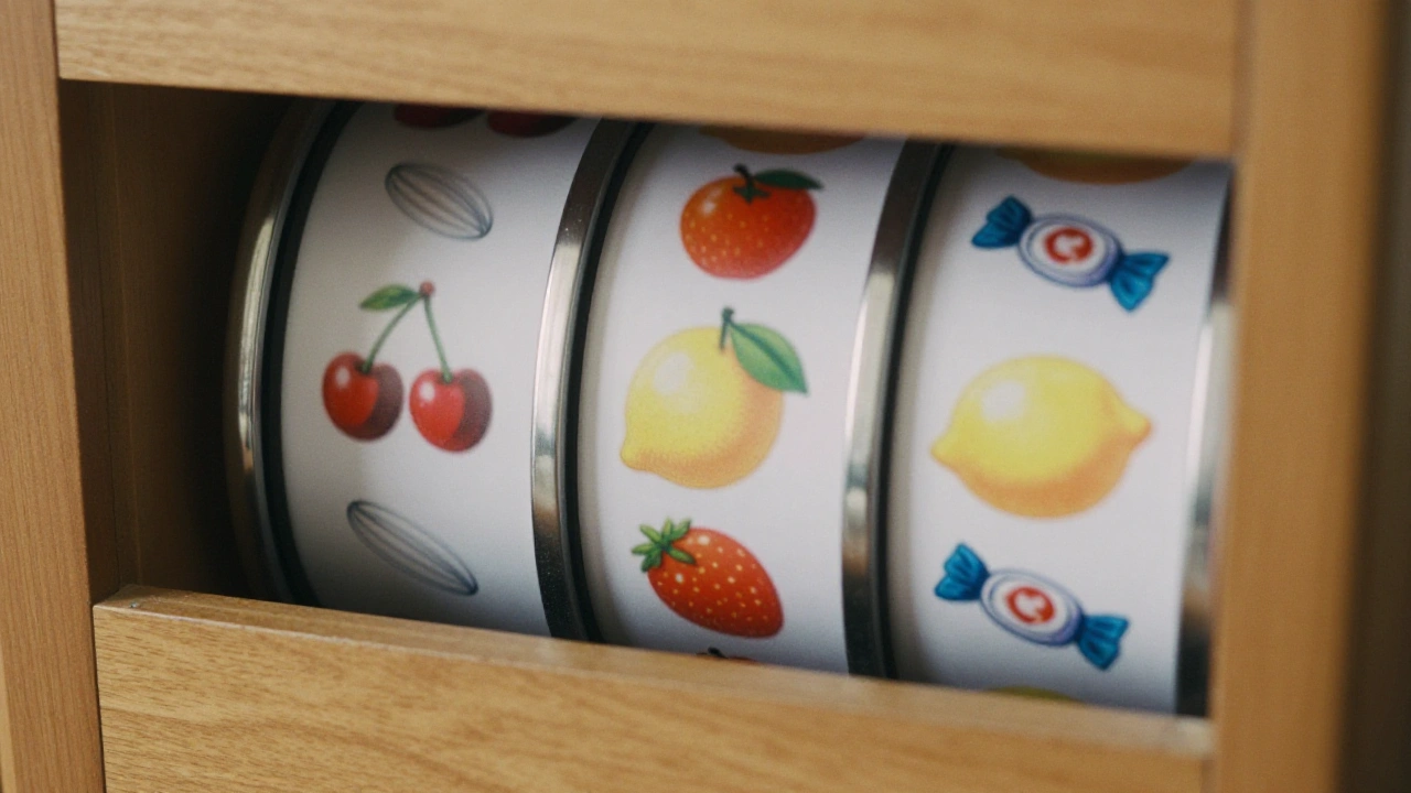 Close-up of colourful generic slot reels with fruit and sweets, representing a large slots catalogue