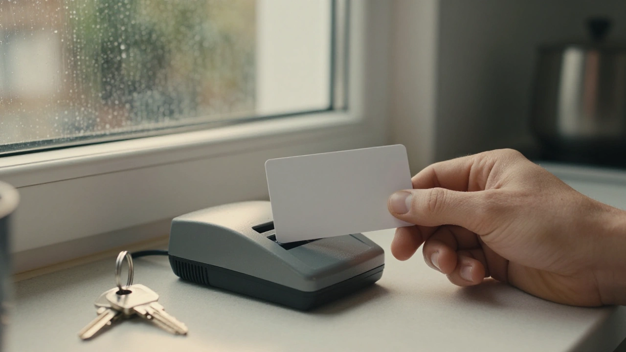 Hand tapping a blank card on a reader to claim an online casino bonus