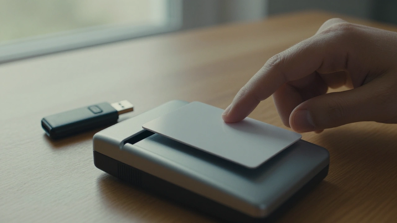 Hand tapping a blank white card on a card reader to fund a casino account