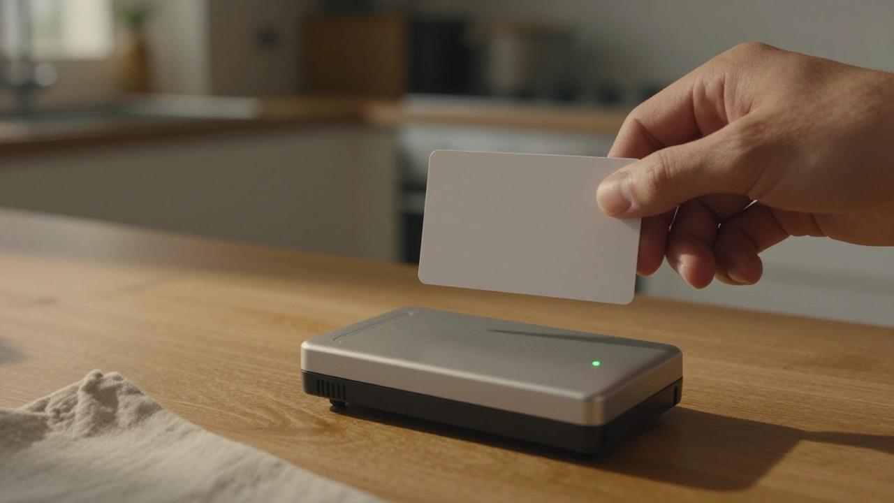 Hand tapping a blank card on a card reader to make a mobile casino deposit