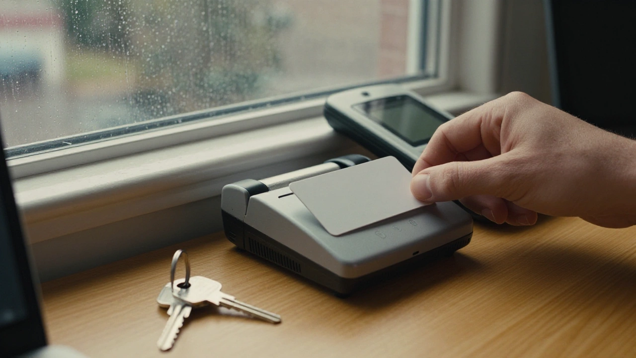 Hand tapping a blank white card on a card reader for a casino deposit