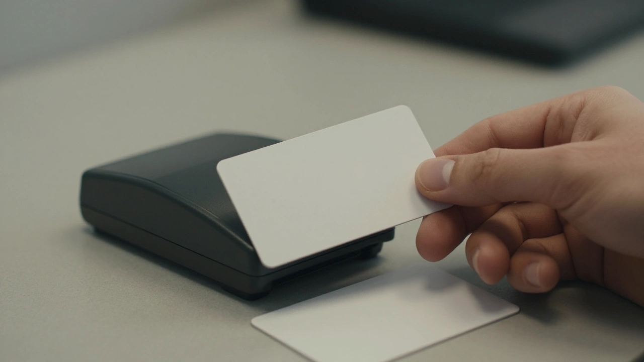 Hand tapping a blank card on a reader to deposit at an online casino