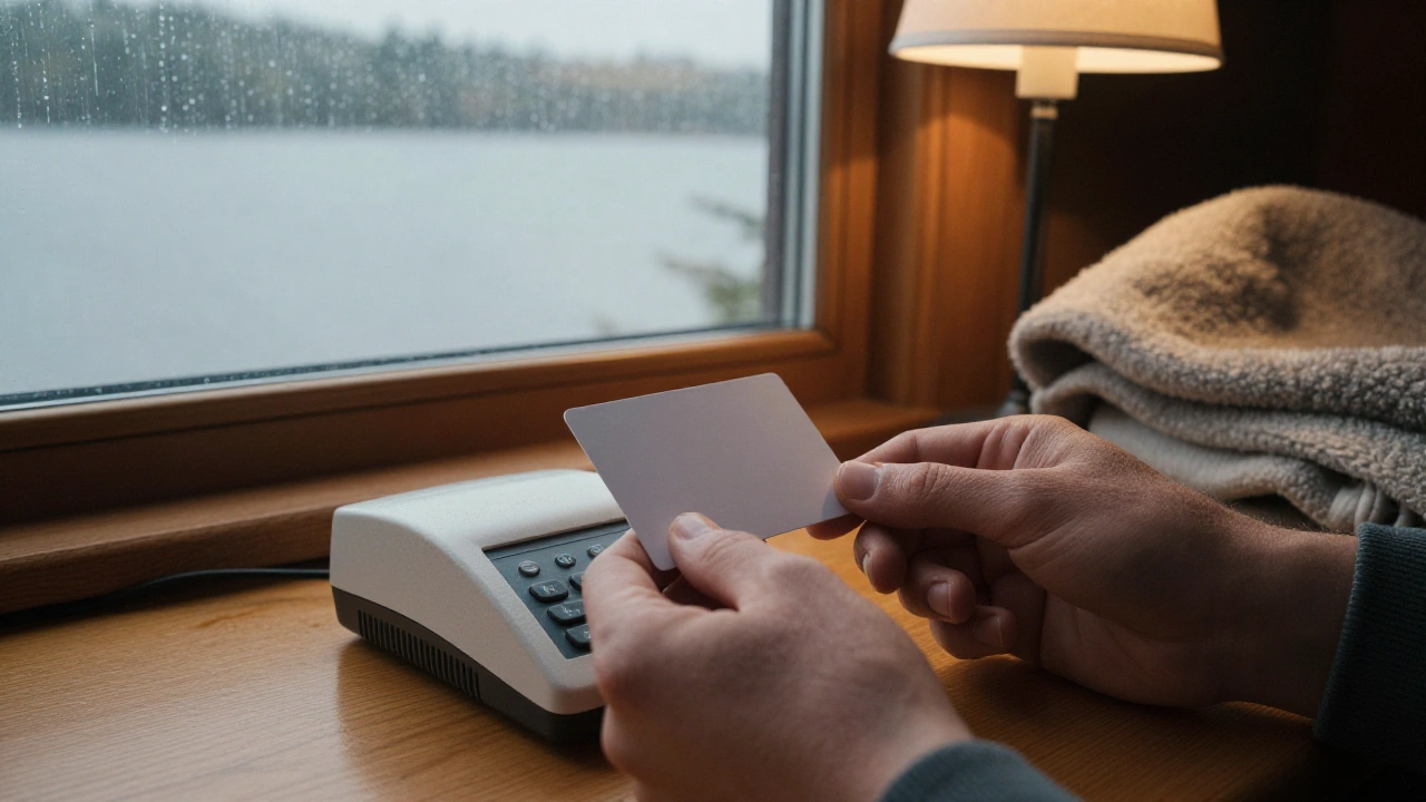Hands tapping a blank debit card on a card reader in a rainy Muskoka cabin