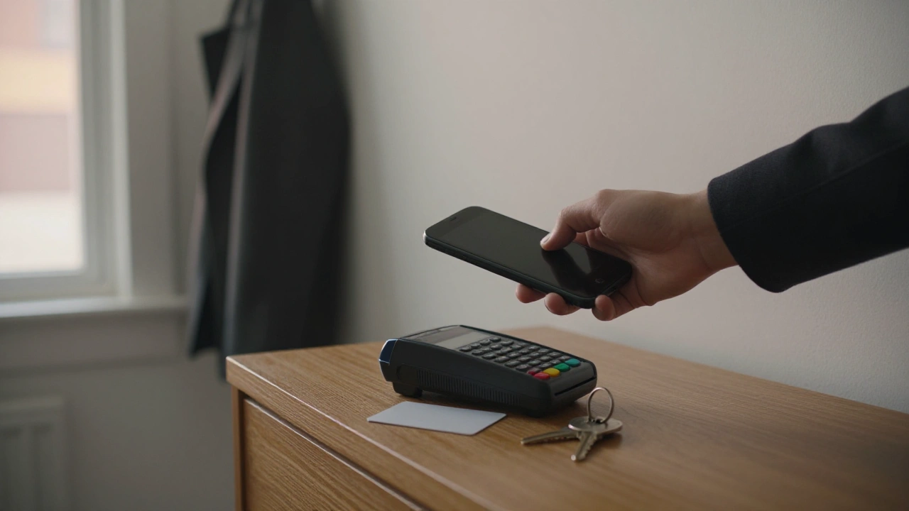 Hand tapping a plain phone on a card reader to make a casino deposit
