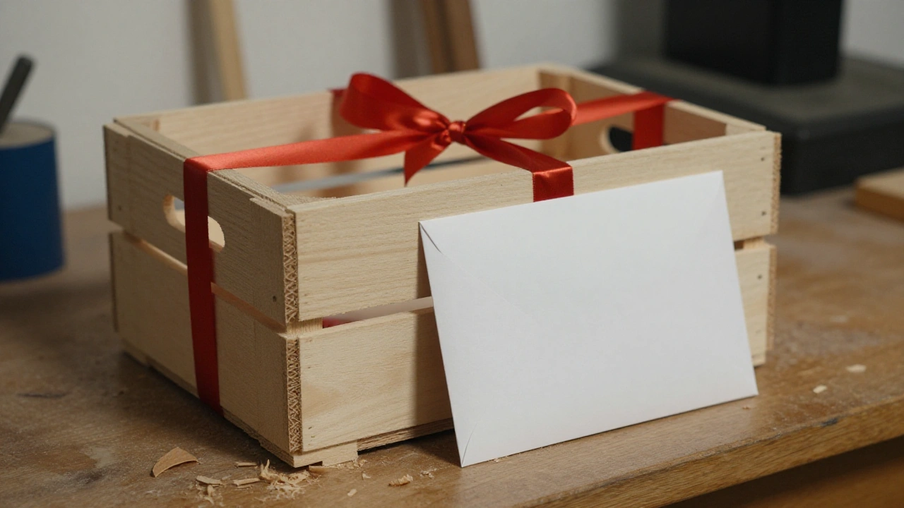 Wooden crate with red ribbon and envelope on a studio workbench for casino bonus promotions