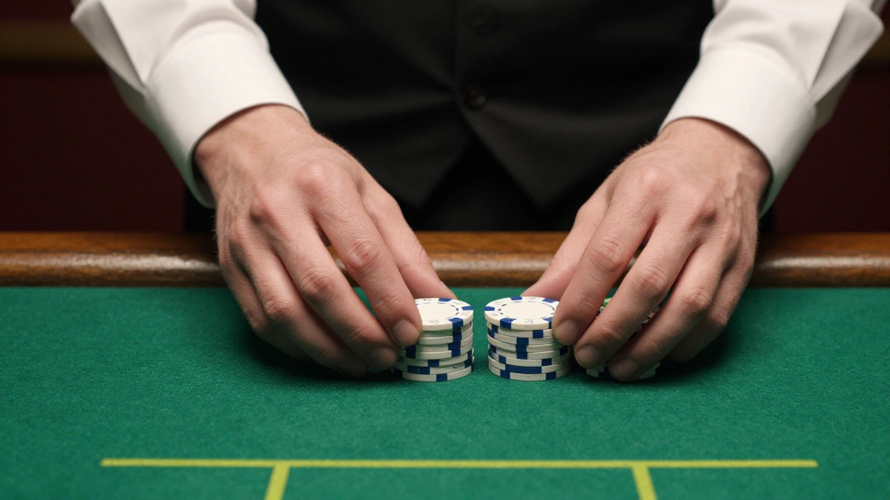 Croupier's hands sliding plain casino chips across green felt in a Toronto studio