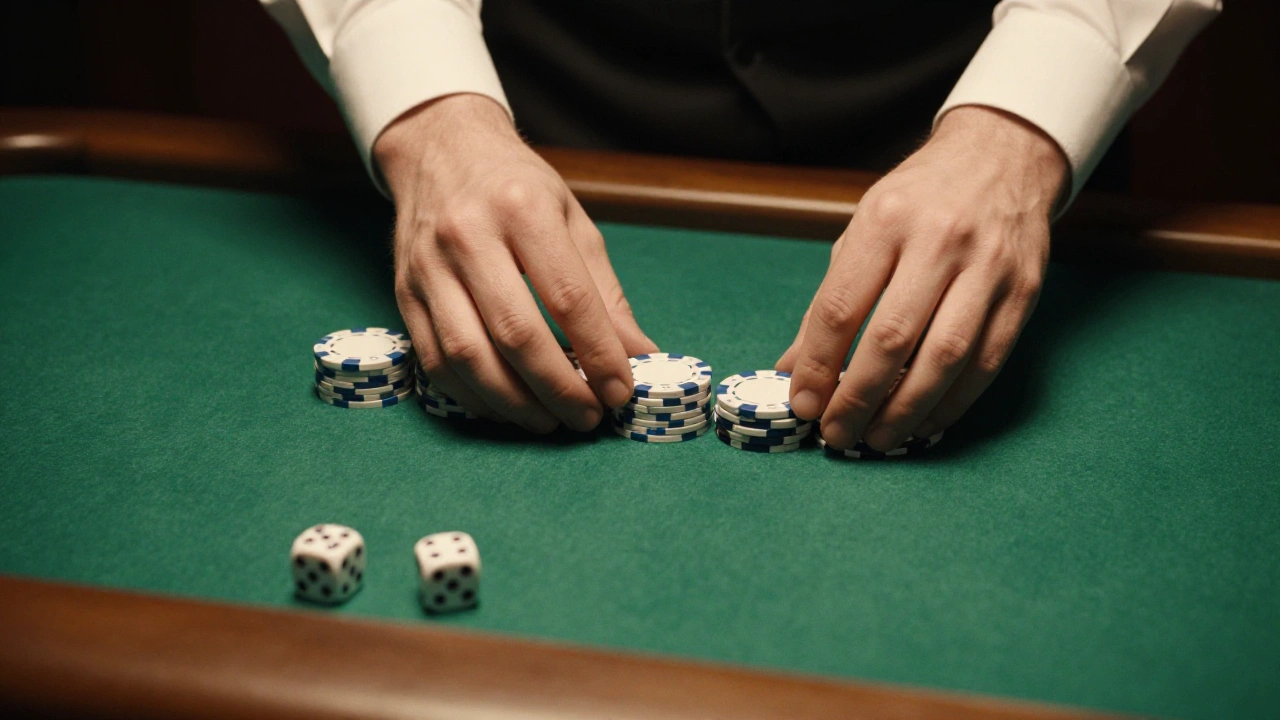 Croupier's hands sliding plain casino chips across green felt in a Toronto studio for table games