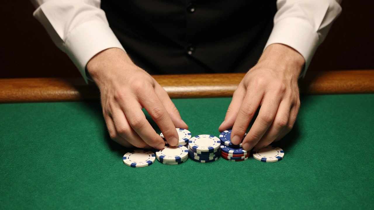 Croupier's hands sliding plain casino chips across green felt in a quiet studio