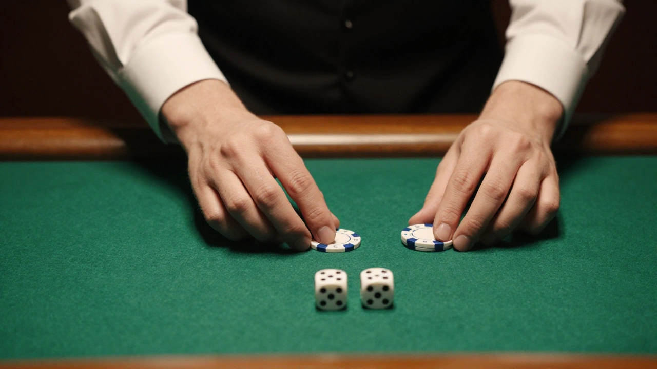 Croupier's hands sliding plain chips across green felt in a quiet Ontario studio
