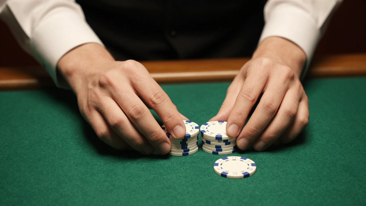 Croupier's hands sliding plain chips across green felt, representing table games at an online casino