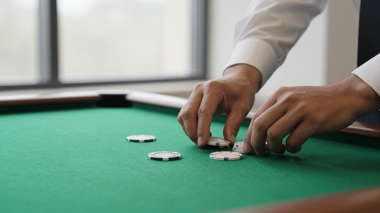 Croupier's hands sliding plain chips across green felt for a mobile live casino game