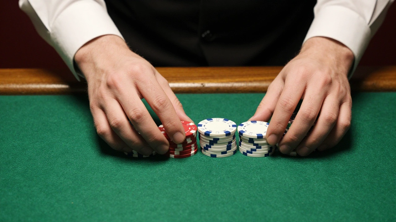Croupier's hands sliding plain chips across green felt for baccarat bets