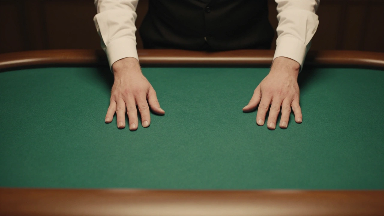 Croupier's hands smoothing green felt on an empty casino table for live dealer games