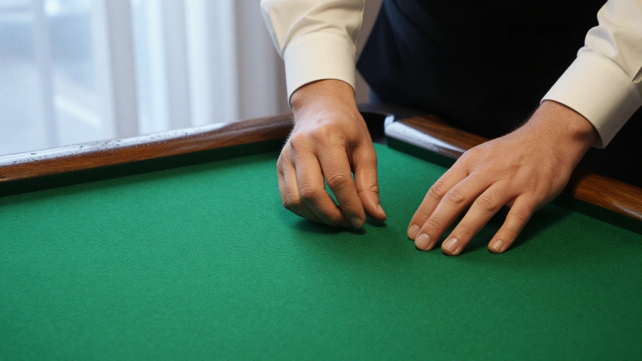 Croupier's hands smoothing green felt in a studio for an online casino's live dealer games