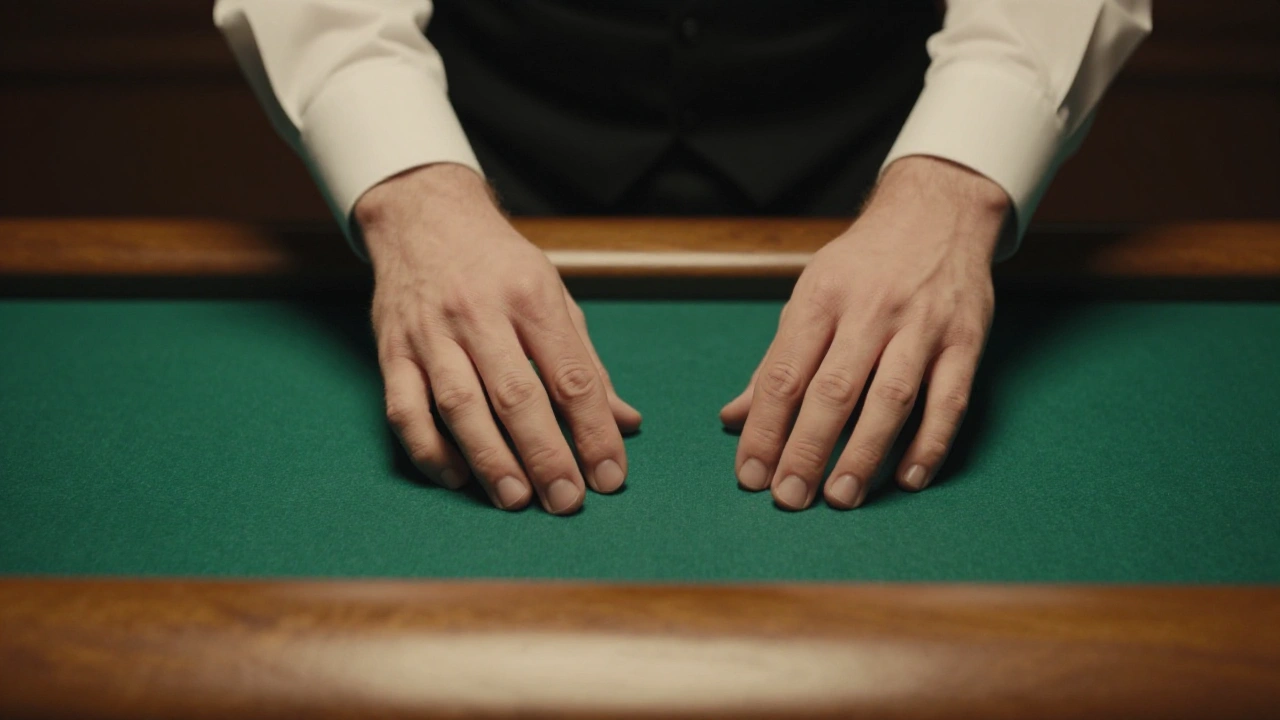 Croupier's hands smoothing green felt for live dealer casino games