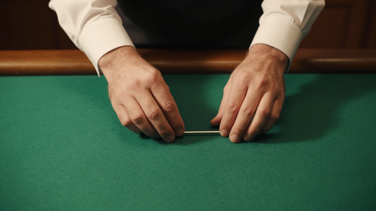 Croupier's hands smoothing green felt on a gaming table in a casino games library