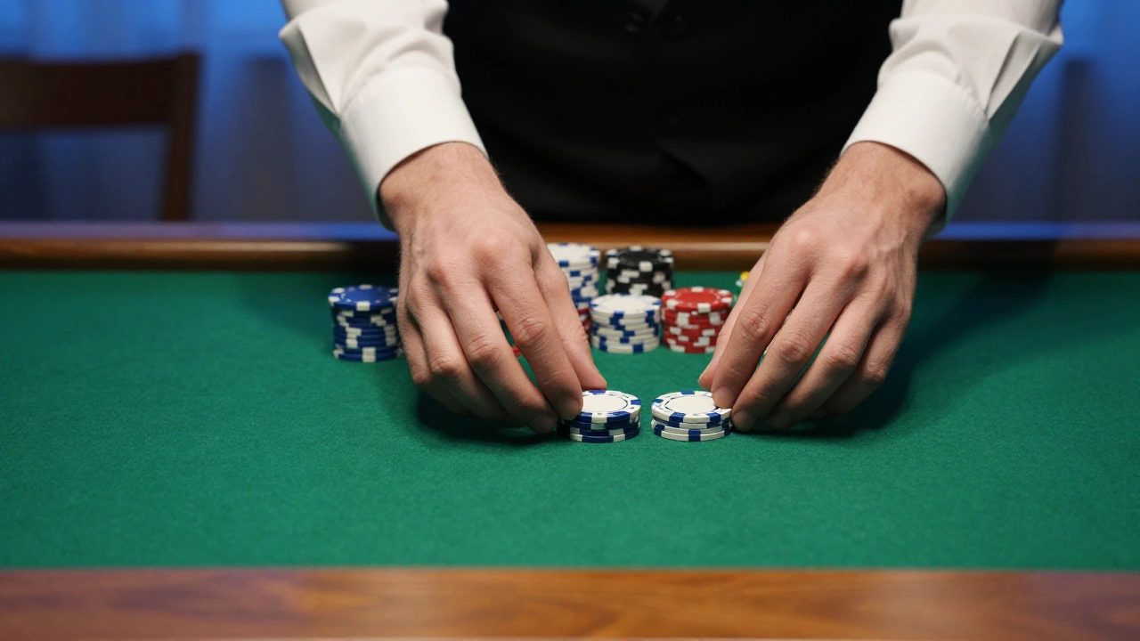 Croupier hands sliding plain chips across green felt for live roulette stakes