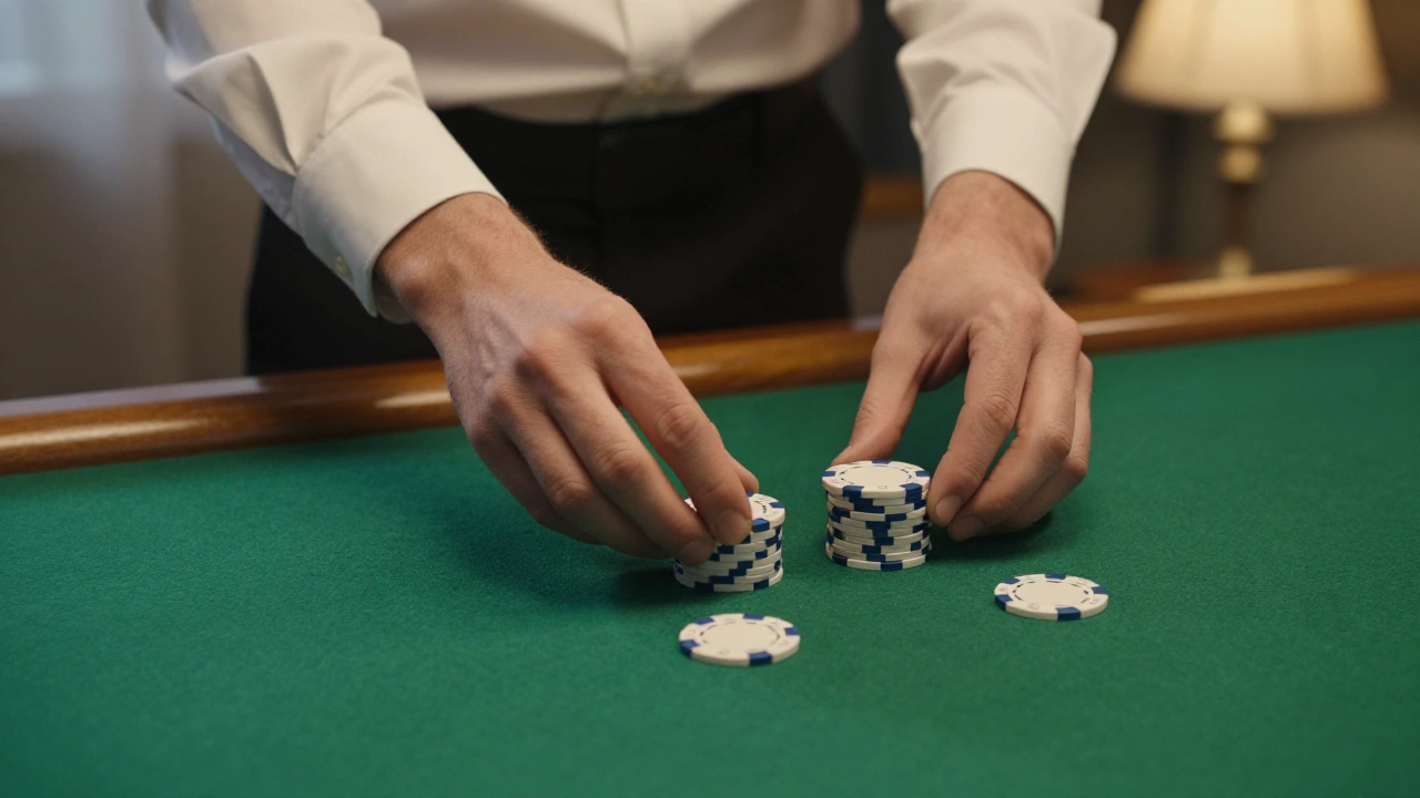 Croupier's hands sliding plain casino chips across green felt for live dealer games review