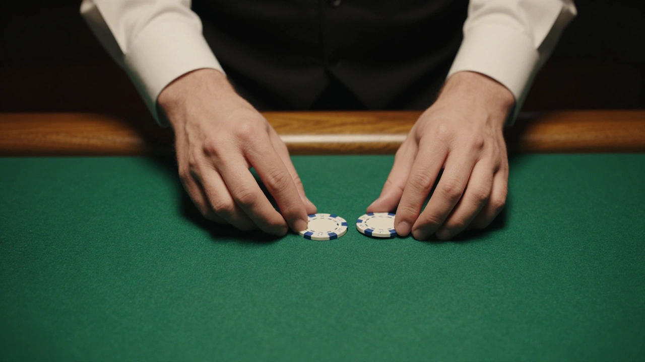 Croupier's hands sliding plain chips across green felt for live dealer mobile casino games