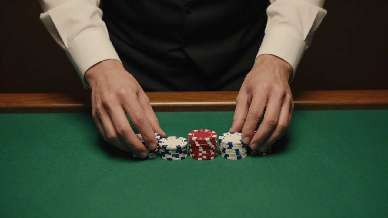 Croupier's hands sliding casino chips across green felt for live dealer games