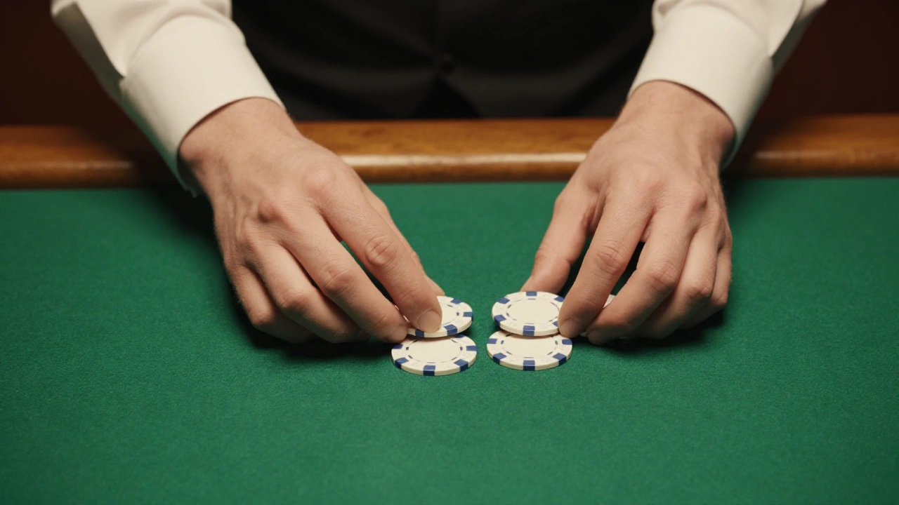 Croupier's hands sliding plain casino chips across green felt in a poker betting round