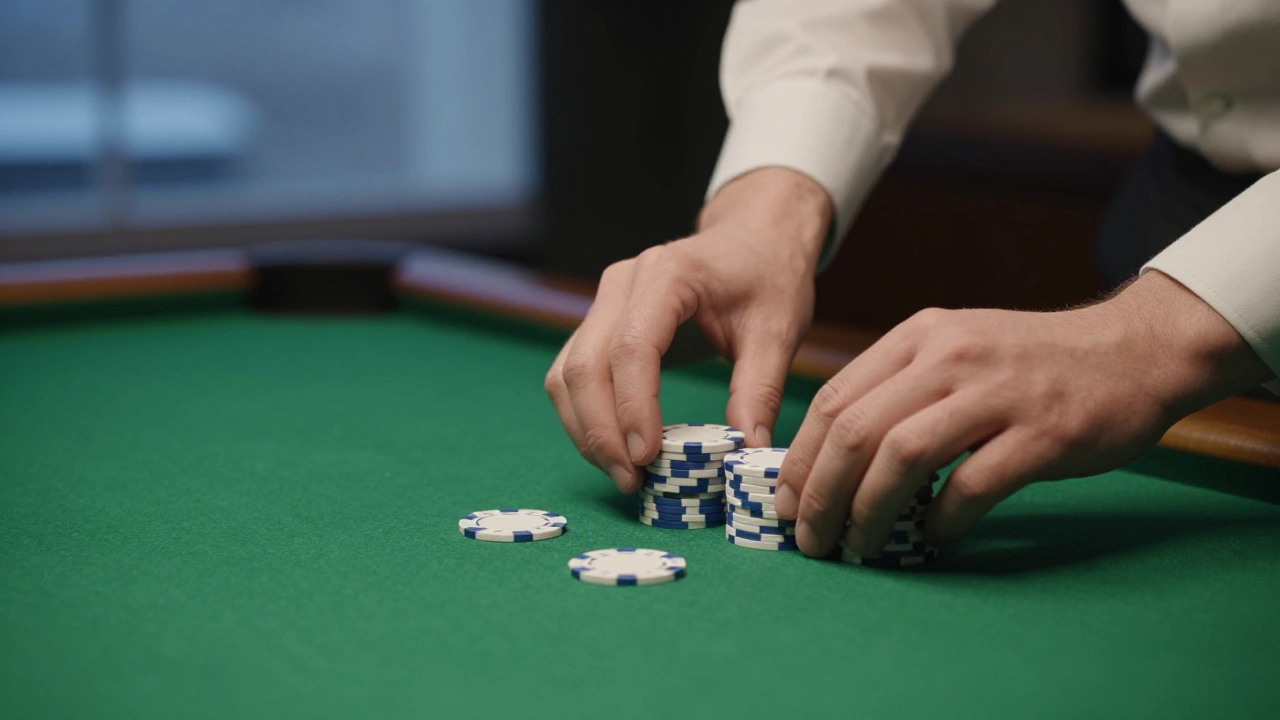 Croupier's hands sliding plain casino chips across green felt for a welcome bonus
