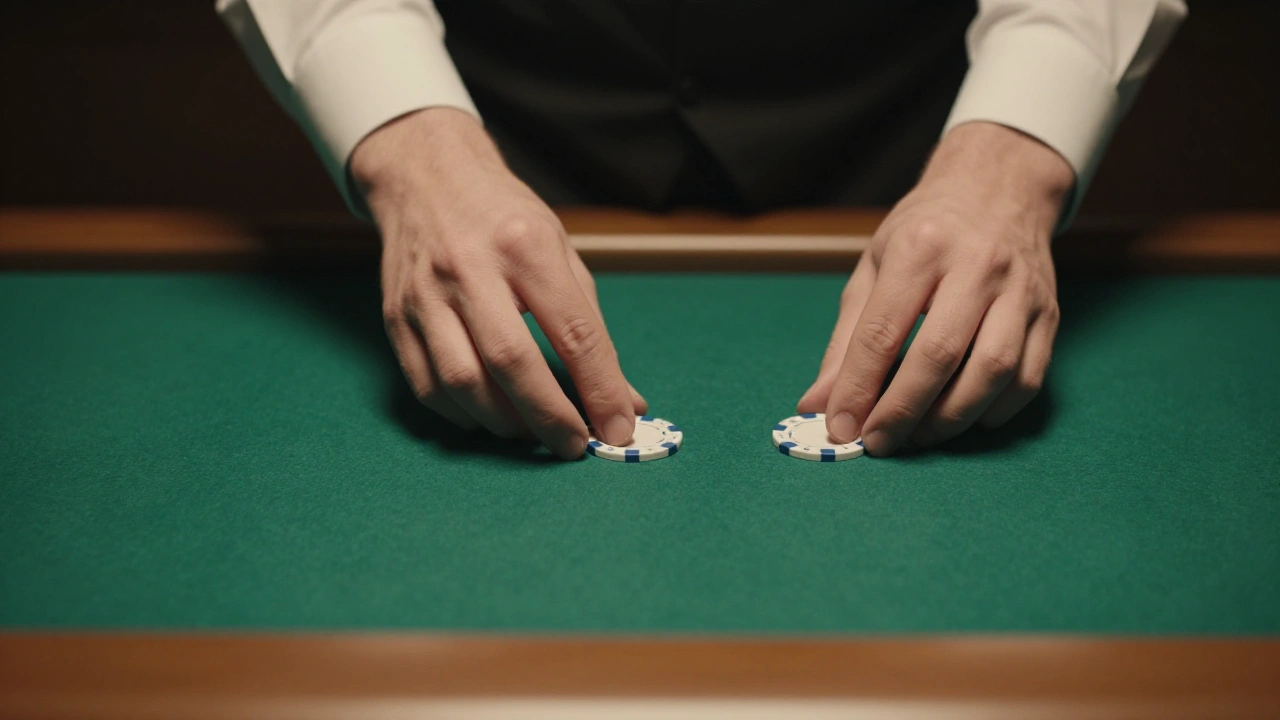 Croupier's hands sliding plain casino chips across green felt at a live dealer table