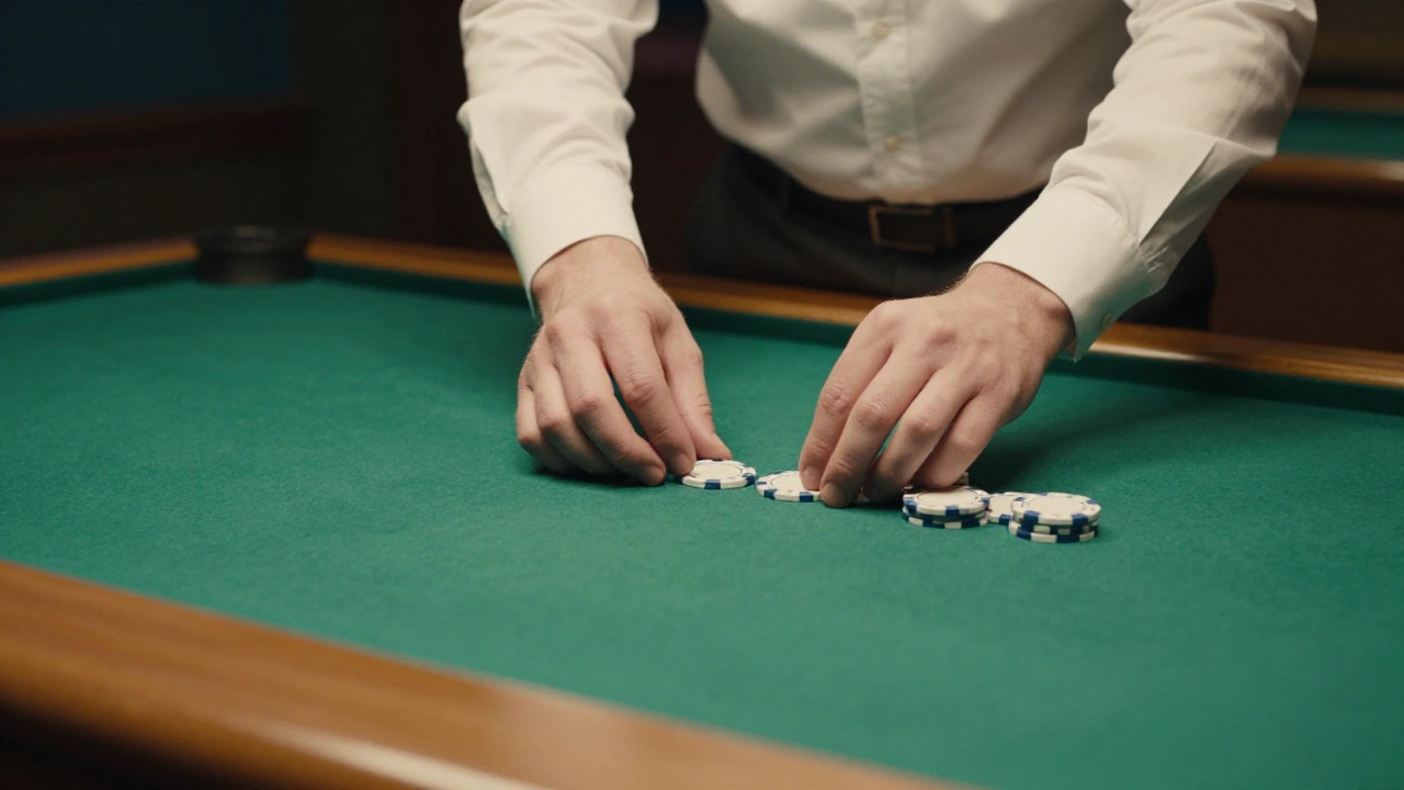 Croupier's hands sliding plain casino chips across green felt in an Ontario studio