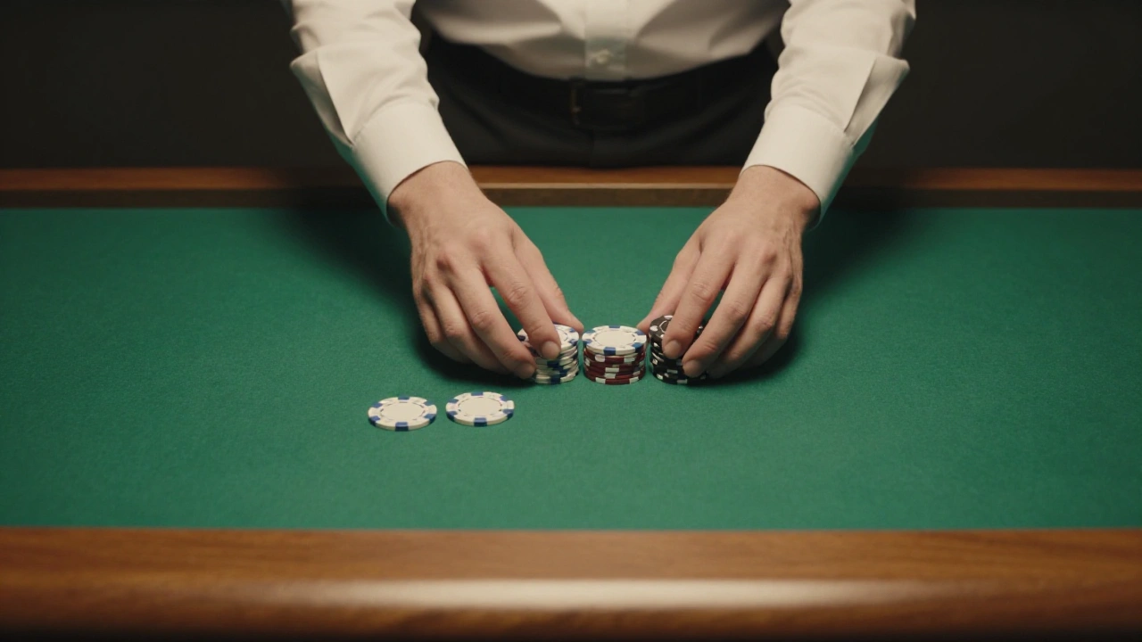Croupier's hands sliding plain chips across green felt on a table