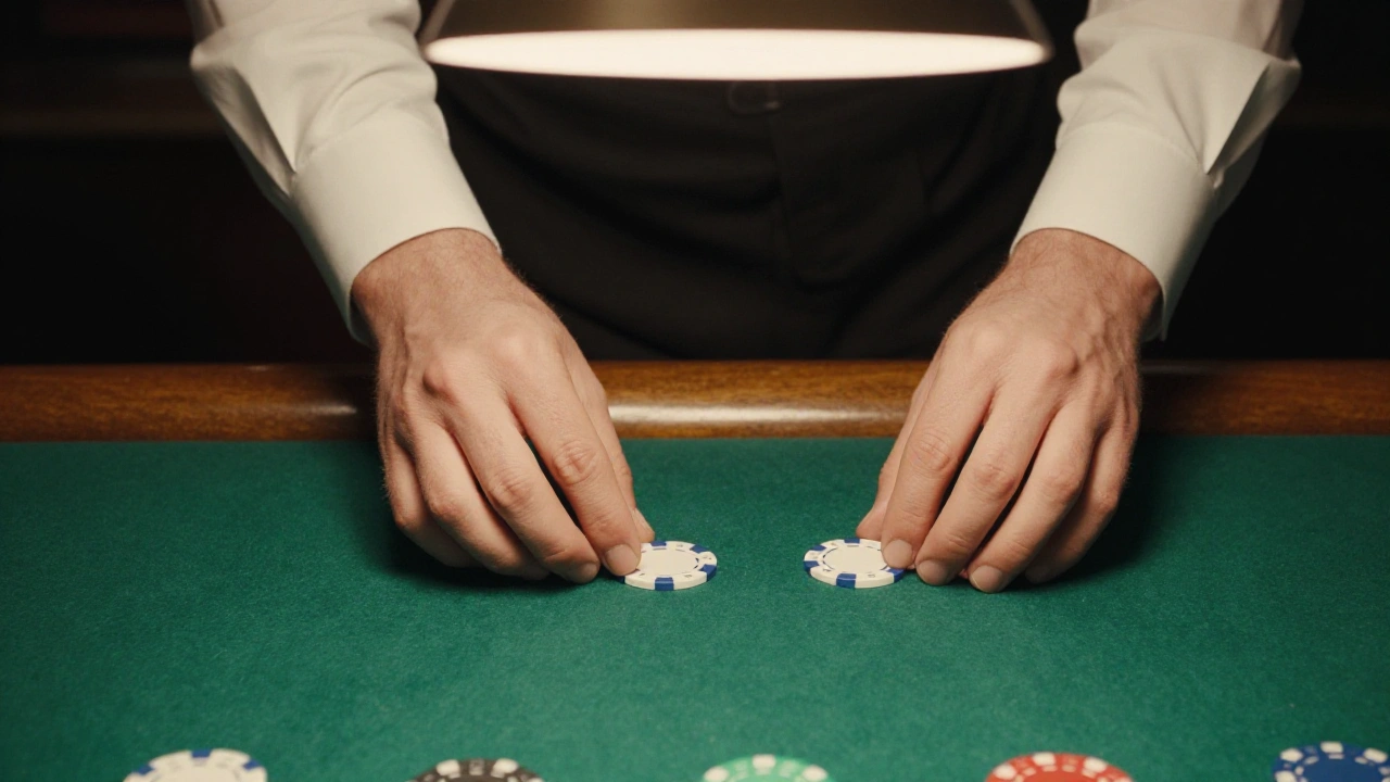 Croupier's hands sliding plain chips across green felt for live casino games