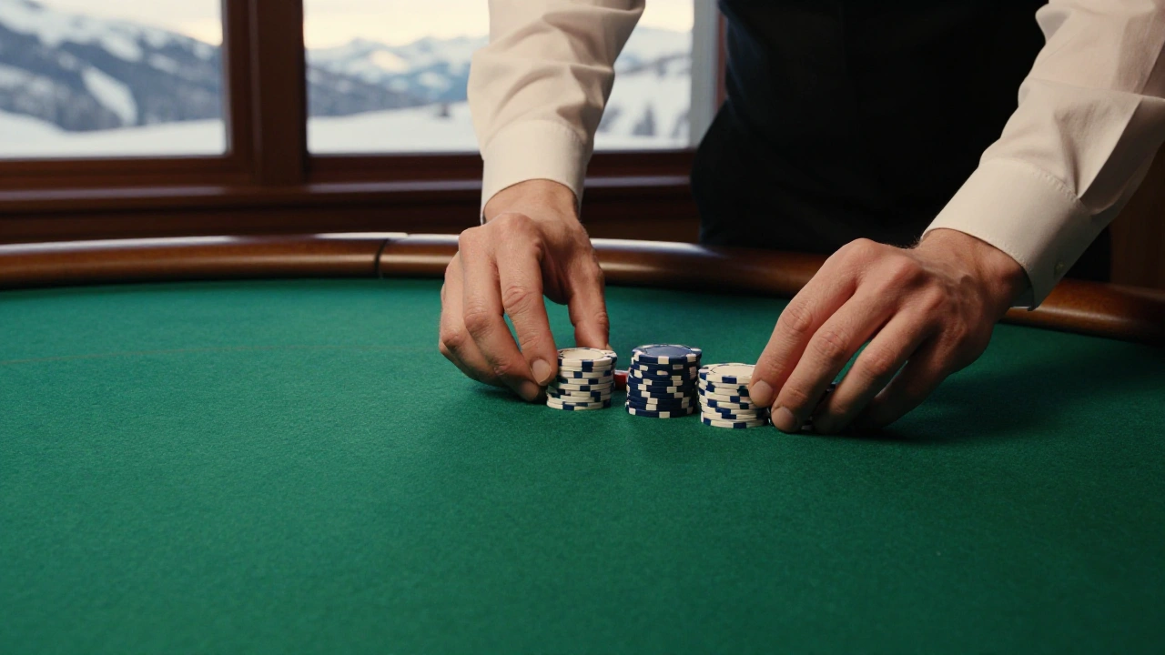 Croupier's hands sliding plain unmarked casino chips across green felt in an Alberta lodge