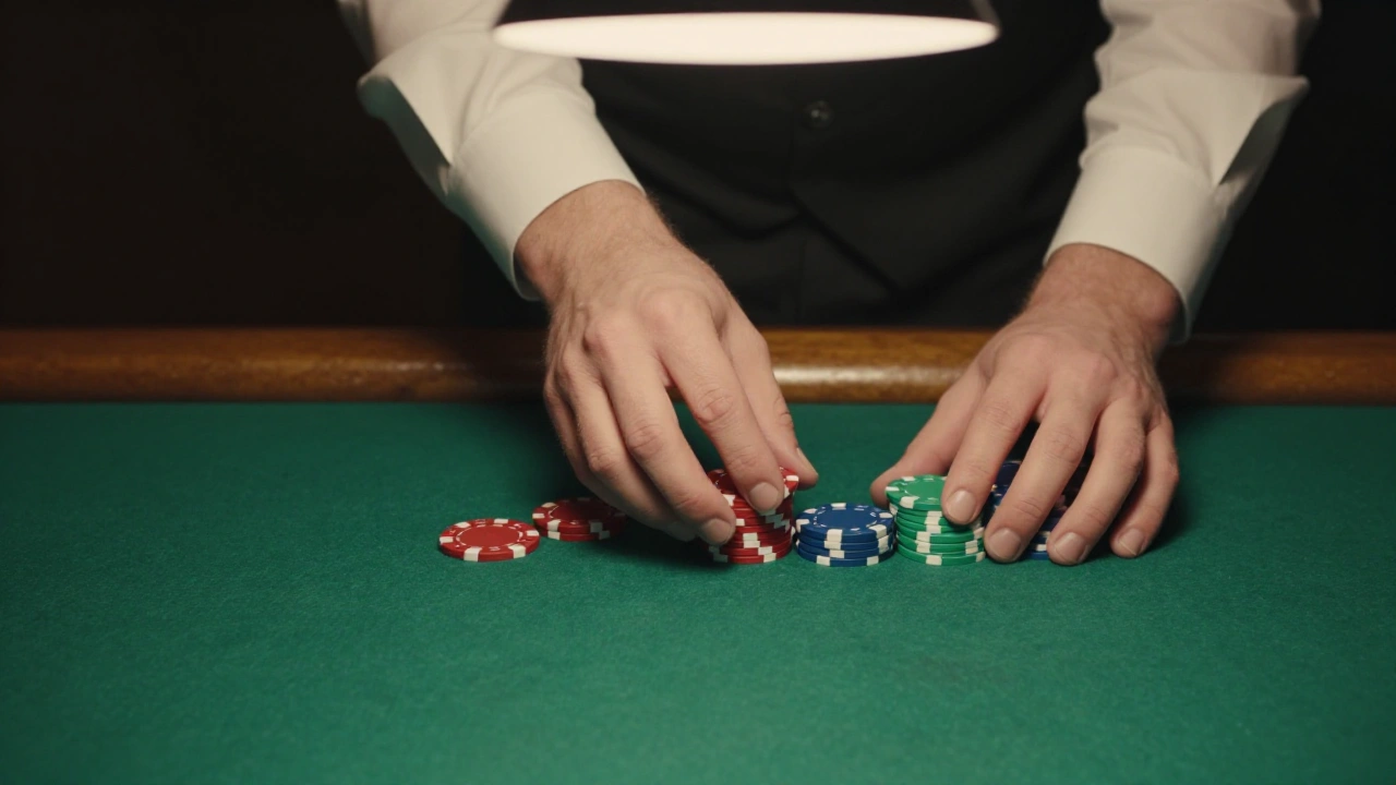 Croupier's hands sliding plain casino chips across green felt for live dealer games
