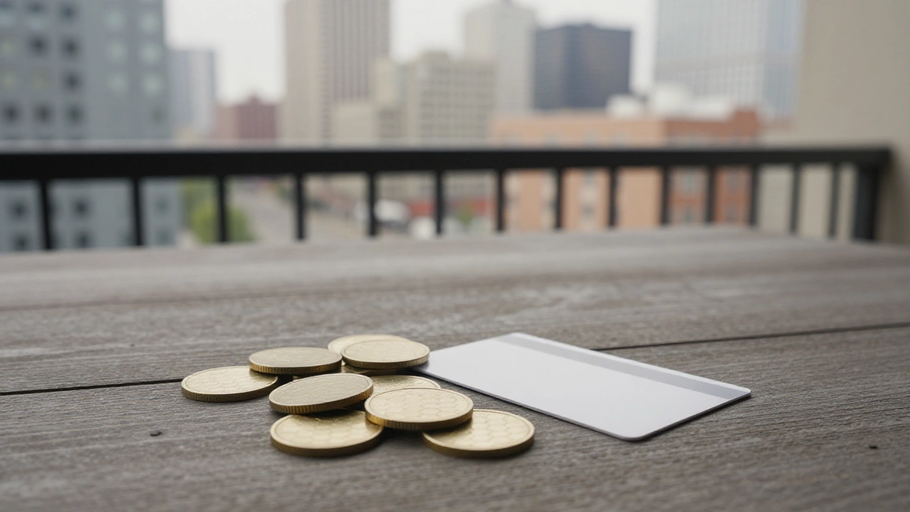 Golden crypto tokens and a blank card on a balcony above a Canadian city