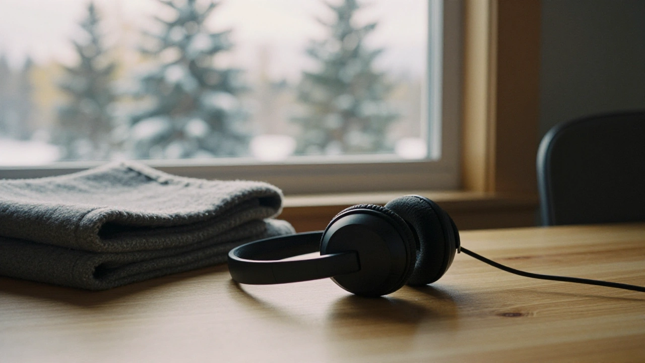 Customer support headset on a desk in a bright Alberta sunroom