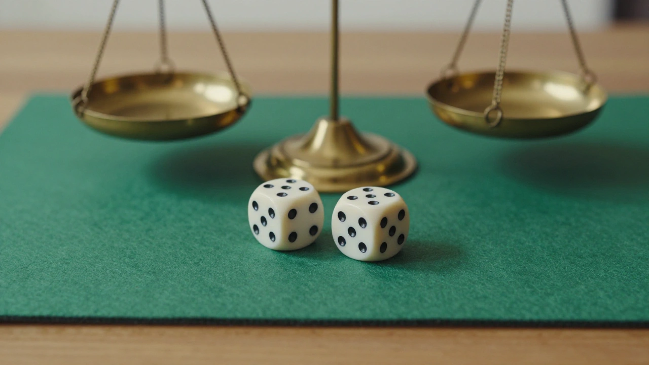 Pair of dice and brass balance scale on green felt representing casino game odds