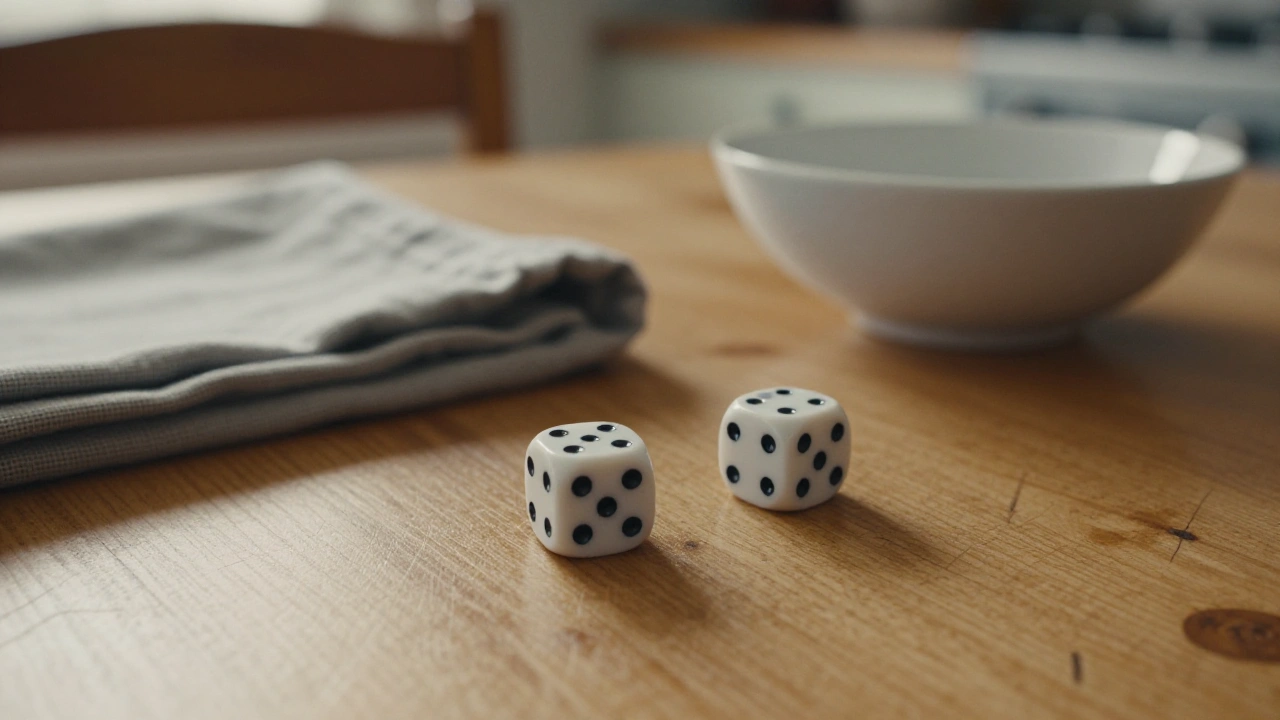 Two dice on a wooden farmhouse kitchen table illustrating craps game phases