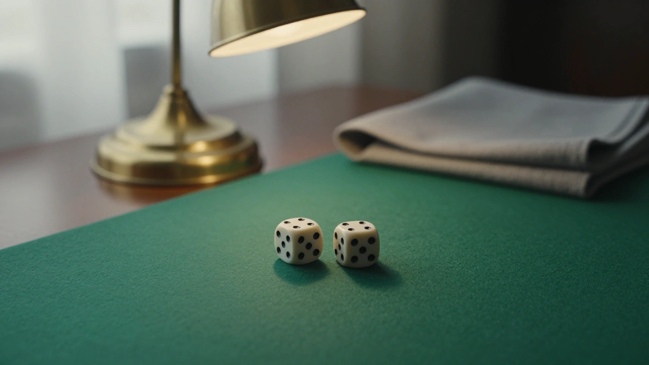 Plain dice resting on green felt in a quiet study, representing poker game variants