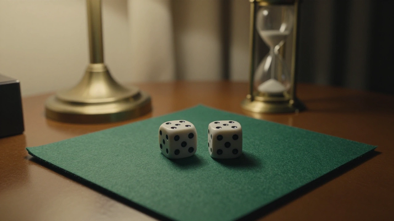 Pair of dice and hourglass on a hotel desk for casino bonus strategy planning