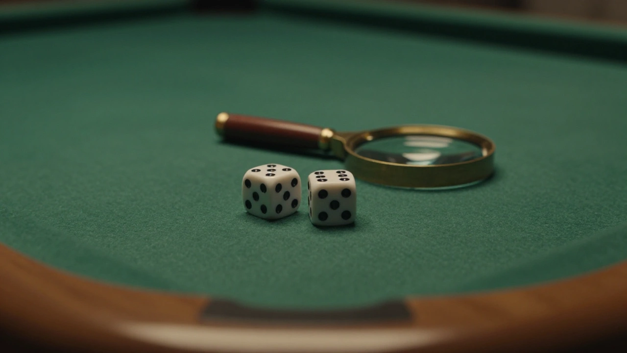 Two plain dice and a magnifying glass on green felt, symbolising blacklist checks