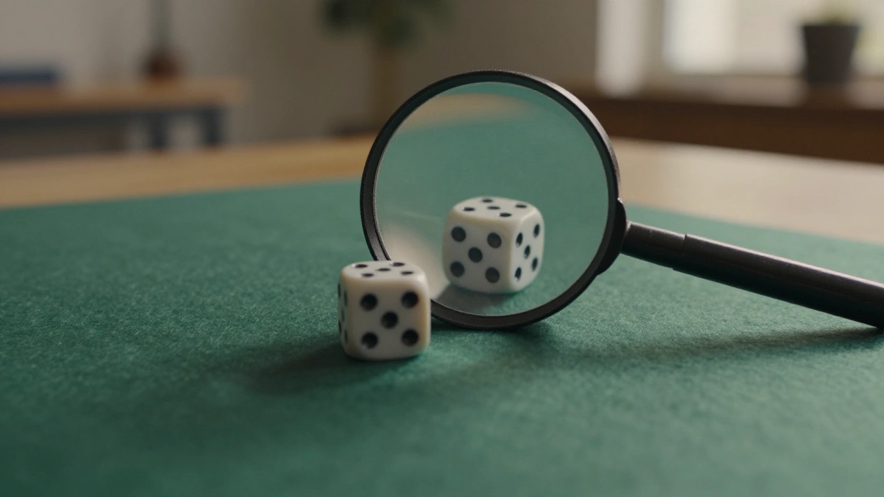Dice and magnifying glass on green felt for reviewing casino games