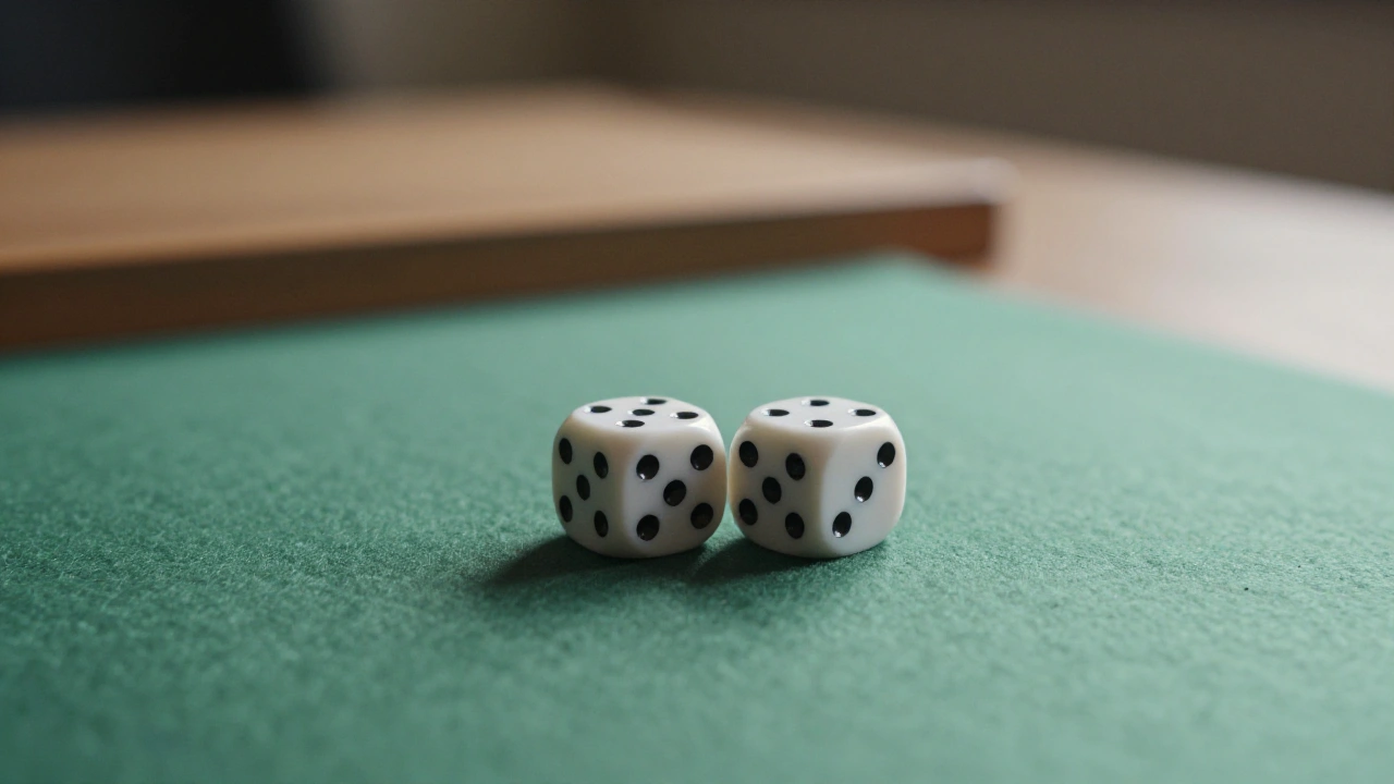 Two plain dice on green felt illustrating fair and impartial game outcomes