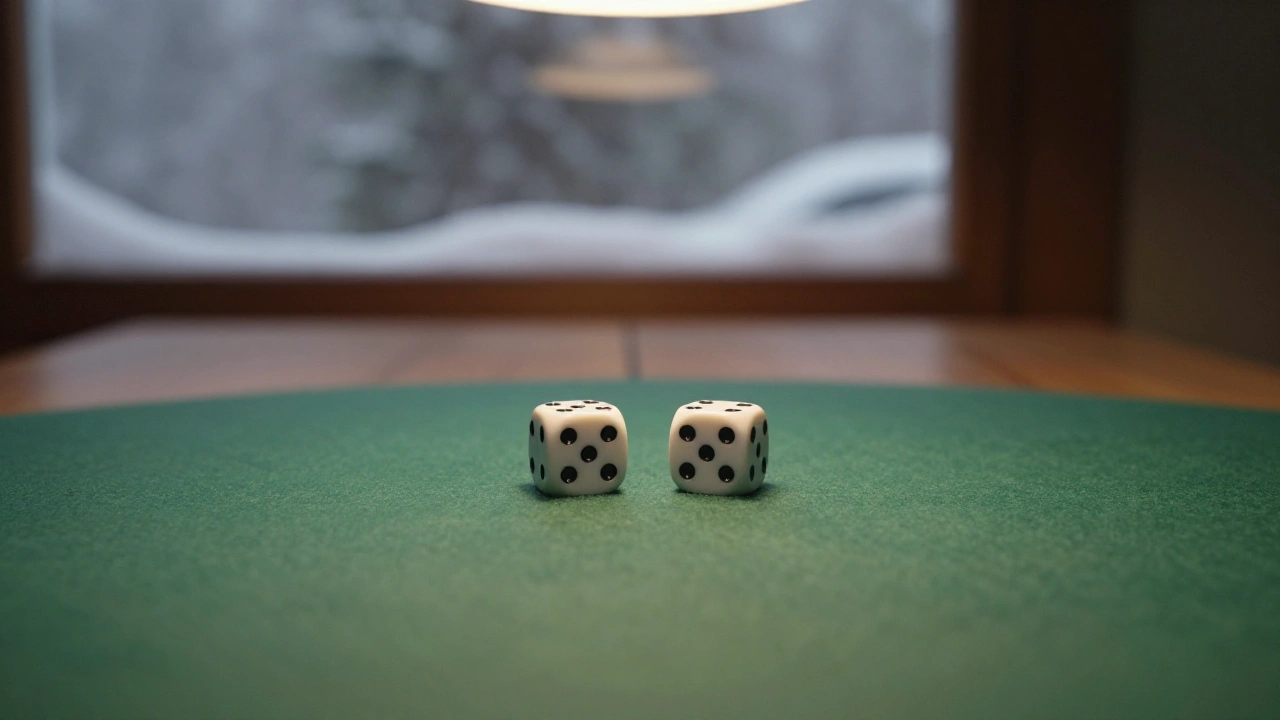 Two dice on green felt by a snowy window for Quebec casino game variety