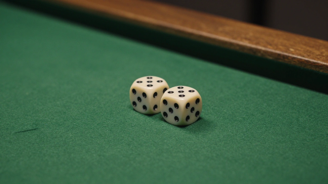 Dice on green felt in a quiet studio, recalling the table games behind pai gow poker
