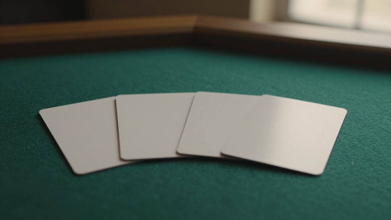 Four blank white cards on green felt showing deposit bonus stages