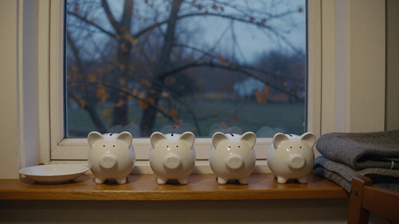 Four small ceramic piggy banks on a windowsill representing casino deposit bonus tiers
