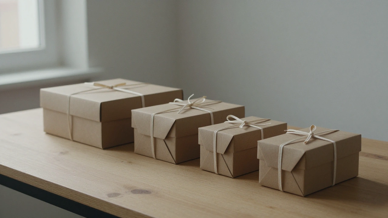 Four plain gift boxes on a table suggesting a four-stage casino welcome bonus package