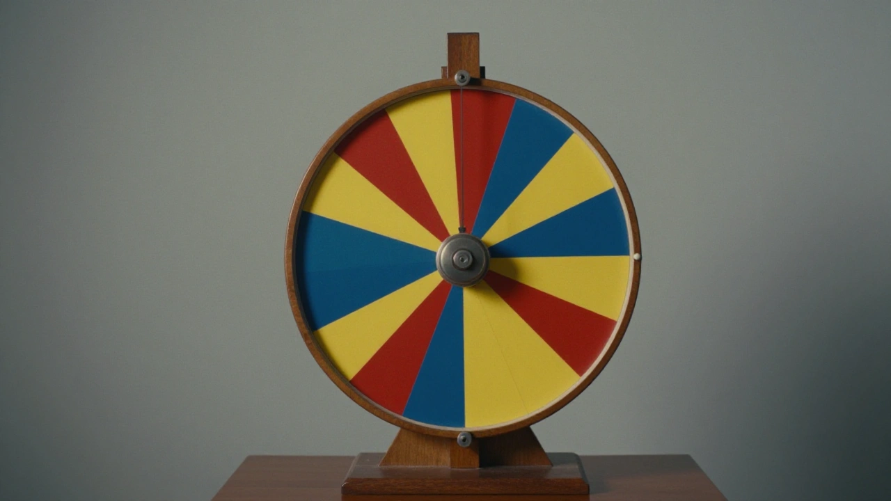 Generic game-show prize wheel with plain coloured segments in a studio, representing the games lobby variety